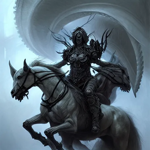 Image similar to concept art by artgerm, death of the four horsemen of the apocalypse, soft grey and blue natural light, intricate, queen of death riding, highly detailed dark art, digital painting, artstation, concept art, smooth, sharp focus, illustration, art by greg rutkowski and luis rollo and uang guangjian and gil elvgren, symmetry!