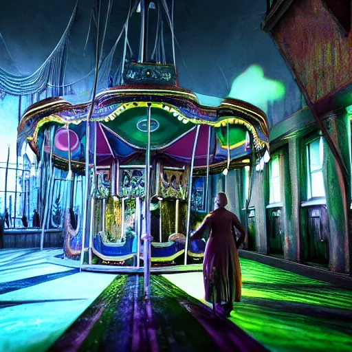 Image similar to Carousel of the damned horror painting unreal engine 3D depth of field 8K HDR Colorful Rainbows Iridescent metallic chrome