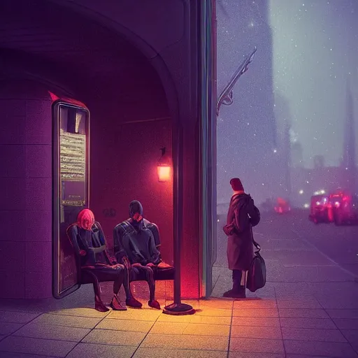 Image similar to some people waiting at bus stop in dark city night : : by beeple and james gilleard and justin gerard : :, centered, artstation, smooth, sharp focus, photoreal octane render, 3 d, by jean - baptiste monge!!!!!!!