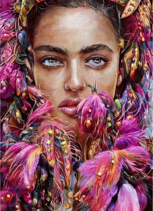 Image similar to beautiful portrait of Irina Shayk wearing dramatic Hand-dyed cotton dress,embellished beaded feather decorative fringe knots ,colorful pigtail,subtropical flowers and plants,symmetrical face,intricate,elegant,highly detailed,8k,digital painting,trending on pinterest,harper's bazaar,concept art, sharp focus, illustration,golden ratio,by artgerm,Tom Bagshaw,Lawrence Alma-Tadema,greg rutkowski