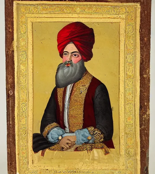 Prompt: 1 8 th century ottoman portrait of a filthy sultan with a turban, living in a giant palace, highly detailed