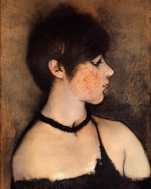 Image similar to A goth portrait painted by Edgar Degas. Her hair is dark brown and cut into a short, messy pixie cut. She has a slightly rounded face, with a pointed chin, large entirely-black eyes, and a small nose. She is wearing a black tank top, a black leather jacket, a black knee-length skirt, a black choker, and black leather boots.