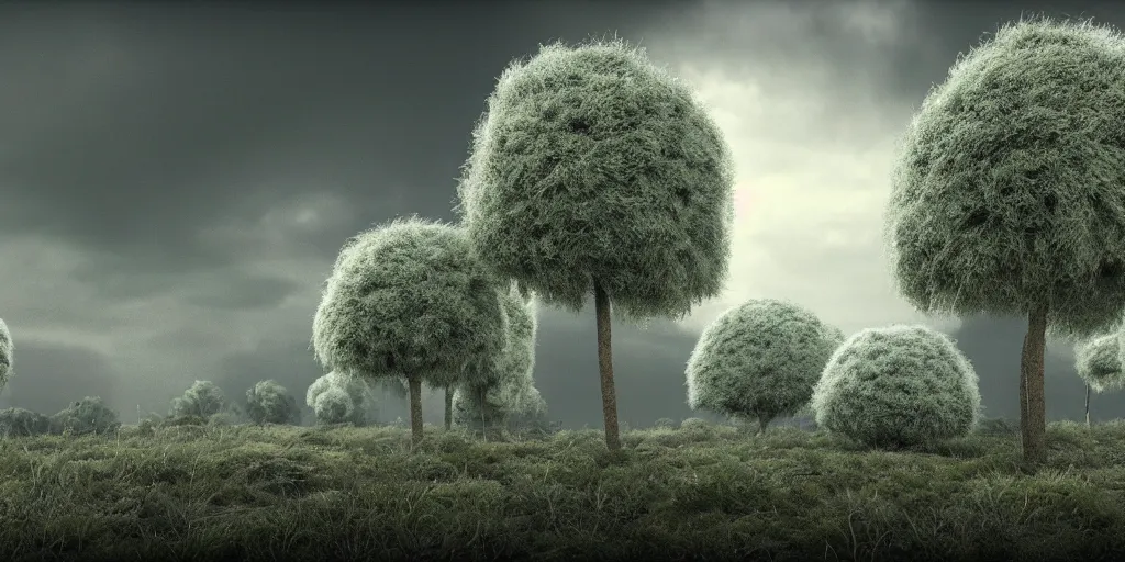 Prompt: photorealistic 3D art of dystopian landscape with fluffy trees, 4k, extremely detailed, ultra realistic, by Annibale Siconolfi, Maxon Cinema 4D, Otoy Octane, Adobe Photoshop, Adobe After Effects, complex 3D scene