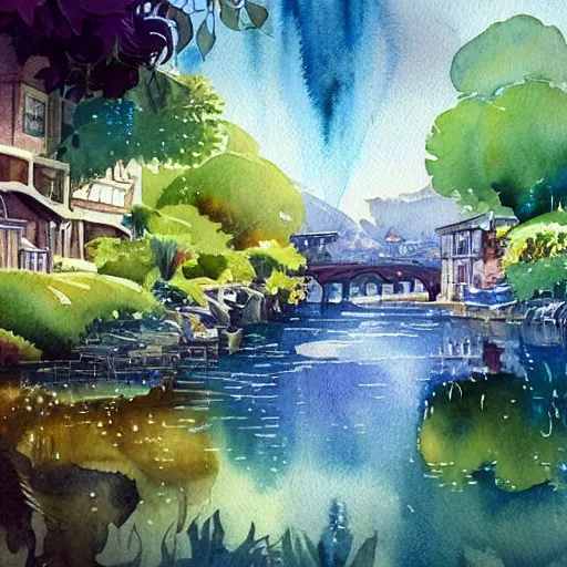 Image similar to Beautiful happy picturesque charming sci-fi town in harmony with nature. Beautiful light. Water and plants. Nice colour scheme, soft warm colour. Beautiful detailed watercolor by Lurid. (2022)