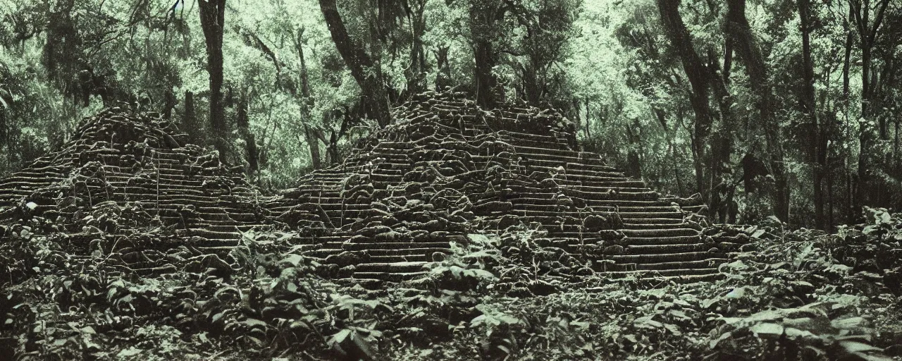 Image similar to an ancient aztec temple in the middle of the forest made out of spaghetti, canon 5 0 mm, cinematic lighting, photography, retro, film, kodachrome