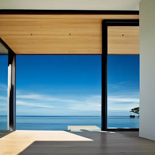 Image similar to modern minimalist zen window sill overlooking the pale blue sea