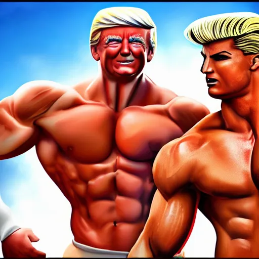 Image similar to muscular donald trump and cristiano ronaldo in love looking at their baby, detailed and realistic, 4 k, bright color, epic digital art