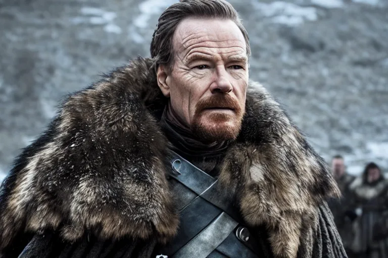 Image similar to promotional image of Bryan Cranston as a Stark soldier in Game of Thrones Season 3 (2013), detailed face, movie still, promotional image, imax 70 mm footage
