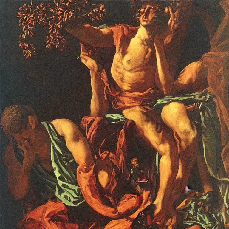 Prompt: Dionysus, greek god of wine, drinks to forget by Francis Bacon