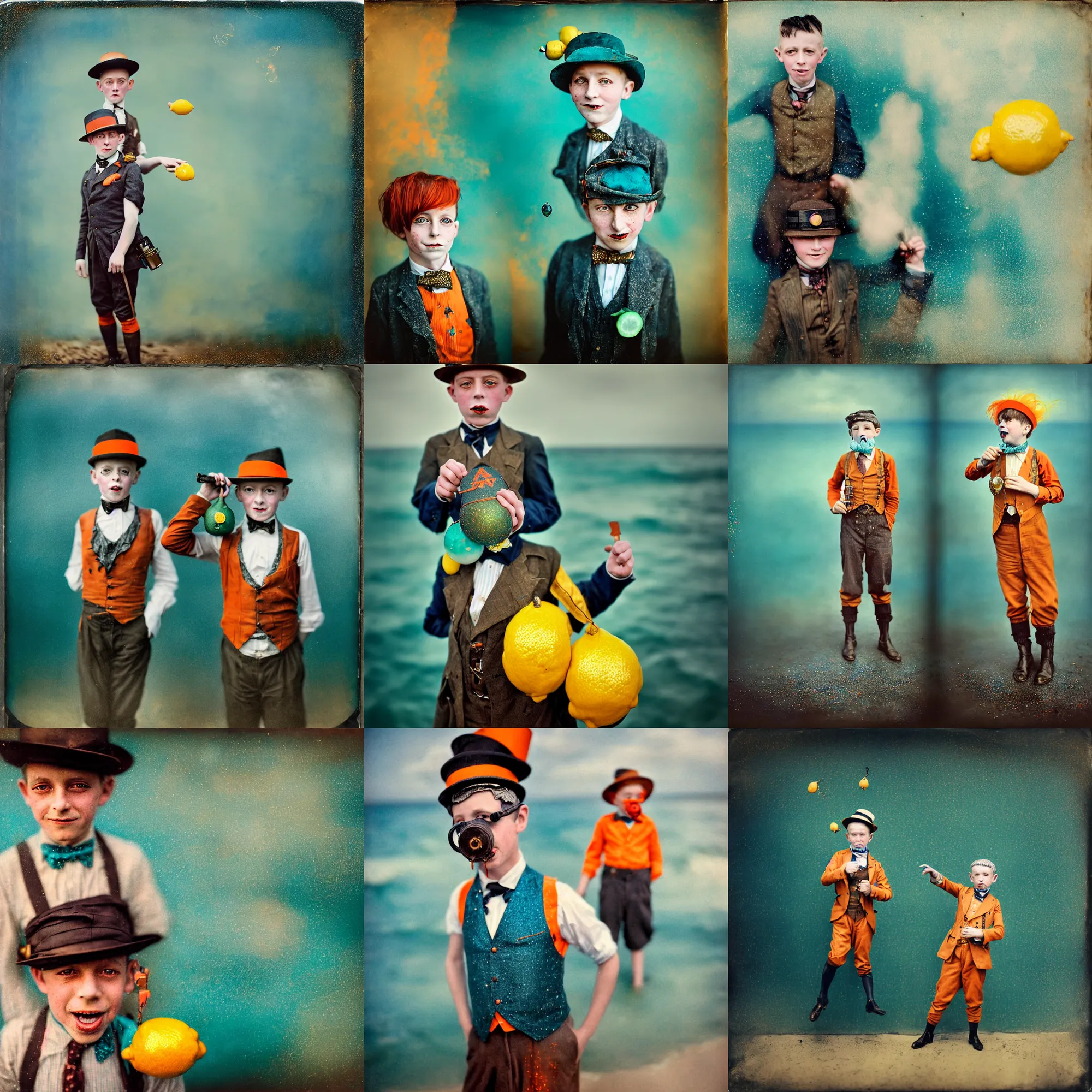 Prompt: kodak portra 4 0 0, wetplate, motion blur, portrait photo of a spitting 8 year old steampunk boy in the 1 9 2 0 s at the sea, wearing a lemon, marilyn manson, 1 9 2 0 s cloth hair, coloured in teal and orange, muted colours, by britt marling, glitter storm