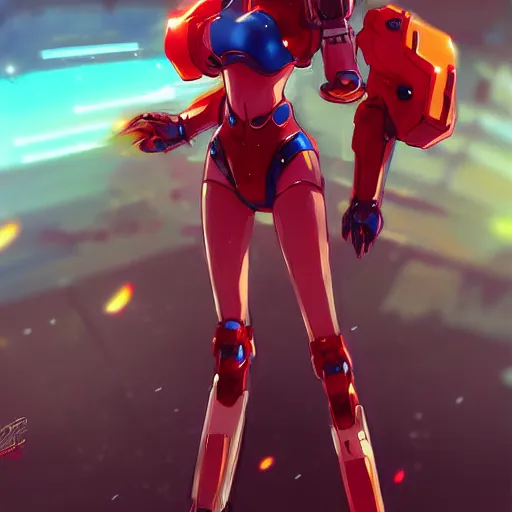 Image similar to digital anime art, very small cute girl on a large table, red mech arms and red mech legs, blue watery eyes!!!, short gold hair!!!, red bikini, full body!!!, wlop, rossdraws