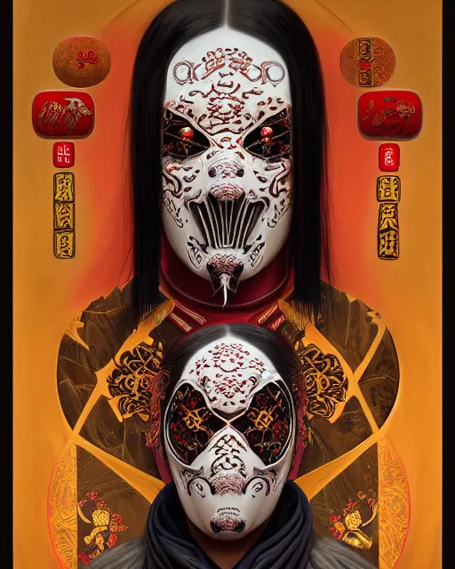 Image similar to portrait of slipknot band, upper half portrait, decorated with chinese opera motifs, asian, bian lian, traditional chinese art, intricate, elegant, highly detailed, symmetry, digital painting, artstation, concept art, smooth, sharp focus, illustration, art by artgerm and greg rutkowski and alphonse mucha, 8 k