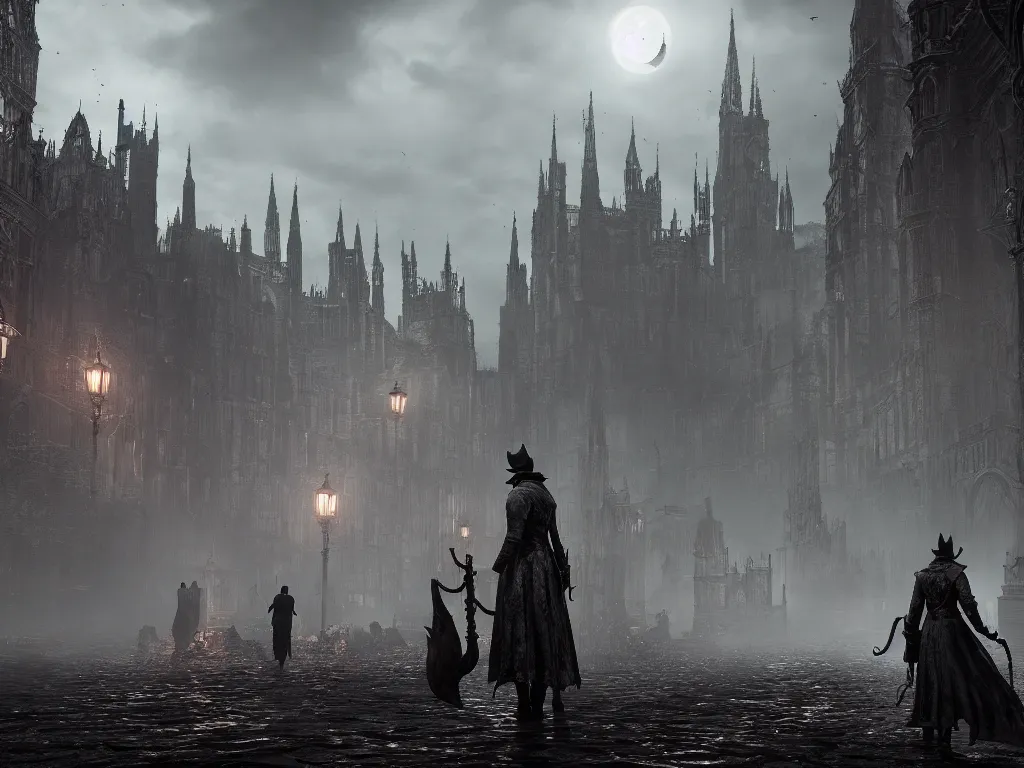 Image similar to bloodborne 2, dark, nighttime, victorian england style, horror, grotesque, serene, haunting, High Definition detail, 8K