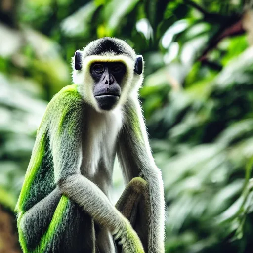 Prompt: a photo of a green monkey wearing headphones