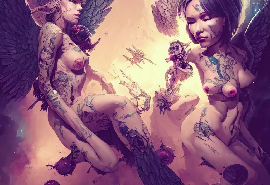 Image similar to an angel in space covered in tattoos, fantasy, anatomically correct, by greg rutkowski, by greg tocchini, by james gilleard, by joe gb fenton, by kaethe butcher, dynamic lighting, gradient light yellow, pink, blonde cream and white color in scheme, cyberpunk aesthetic