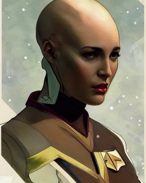 Image similar to a bald serbian!!! young woman as a star trek captain, a still from star trek painted by artgerm and greg rutkowski and alphonse mucha. clear highly detailed face, beautiful sci fi art