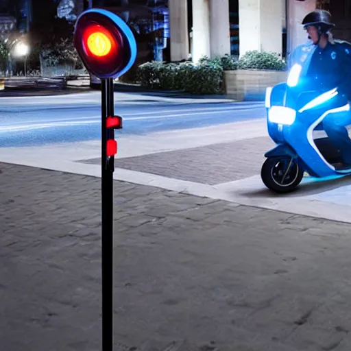 Image similar to a promotional photo of a police electric scooter with police lights on the handlebars