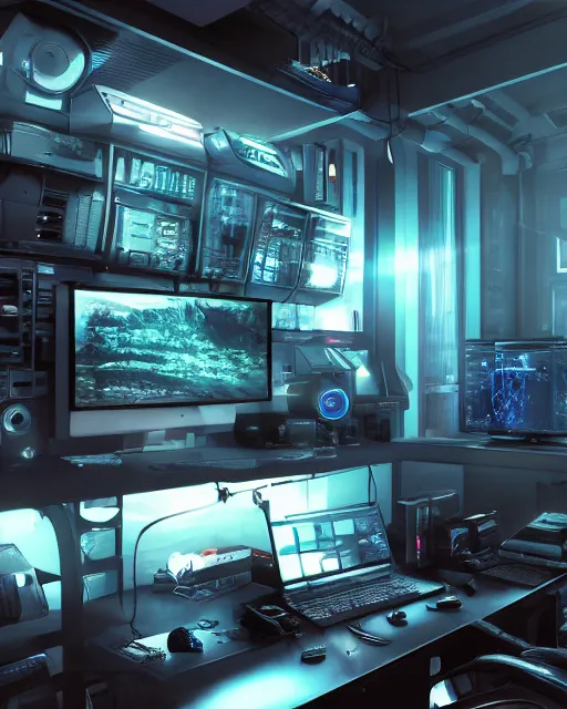 Image similar to artstation scifi scene of a complex computer workstation in a small studio apartment room, many monitors, many electronics, very detailed, maximalism, volumetric light, atmospheric haze, unreal engine, hyper realism, realistic shading, cinematic composition, realistic render, octane render, detailed textures, photorealistic, wide shot