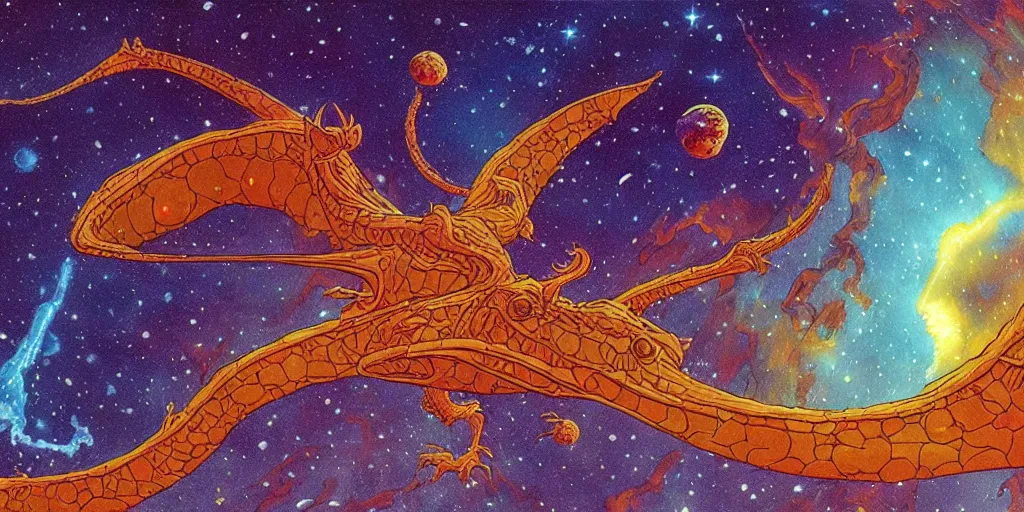 Prompt: an alien dragon flying through outer space, epic nebula, style of jean giraud moebius matte illustration