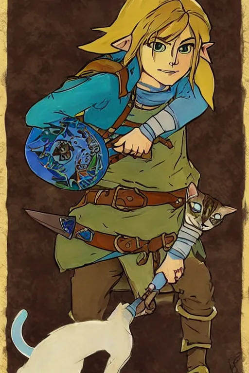 Prompt: link from The Legend of Zelda: Breath of the wild playing with a cat by and mucha,geometric shapes, hard edges ,Visual Communication Design