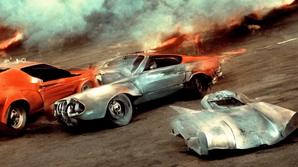 Image similar to film still from the movie death race three thousand, cult cinema, pulp cinema, vintage, nineteen seventies, saturated color, cinematic lighting, cinematic composition, ultra realistic, highly detailed, wide screen, panavision