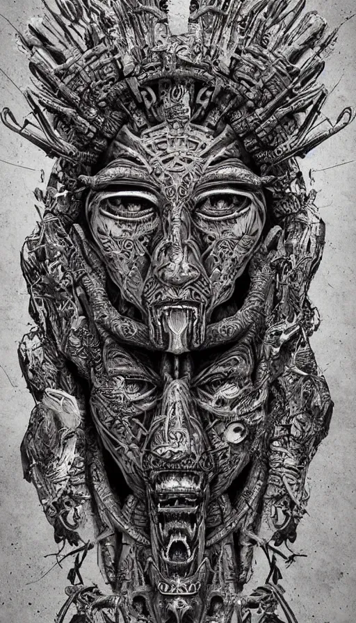 Image similar to ancient biomechanical hybrid aztec fantasy beautiful shaman symmetrical human face immortal mask tattoo pattern concept, teonanacatl glyph, intricate artwork by, Johnatan Wayshak, Zdizslaw Beksinski, face by Artgerm, H.R. Giger, very coherent artwork, cinematic, hyper realism, high detail, octane render, unreal engine, 8k, High contrast, higly detailed black ink outline, crosshatch sketch gradient