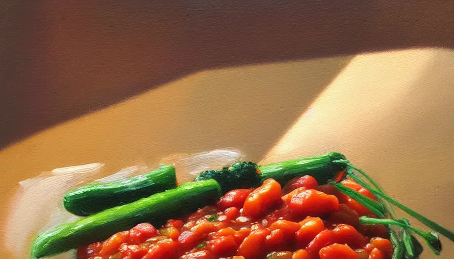 Prompt: an oil painting of rice and tomato sauce with beans and vegetables, dramatic light, establishing shot