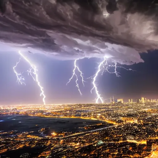 Prompt: hyperrealistic thunderstorm over a glowing city at night, 4 k realistic detailed, 8 k