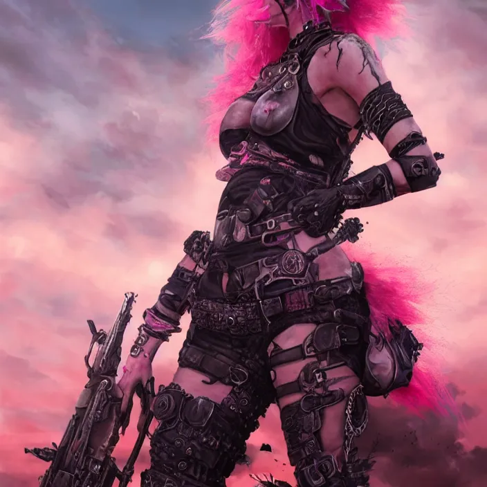 Image similar to beautiful apocalyptic woman with pink Mohawk, standing on mad max panzer tank, 4k ultra hd, fantasy dark art, tank girl, artgerm, artstation, octane render, elegant, detailed digital painting