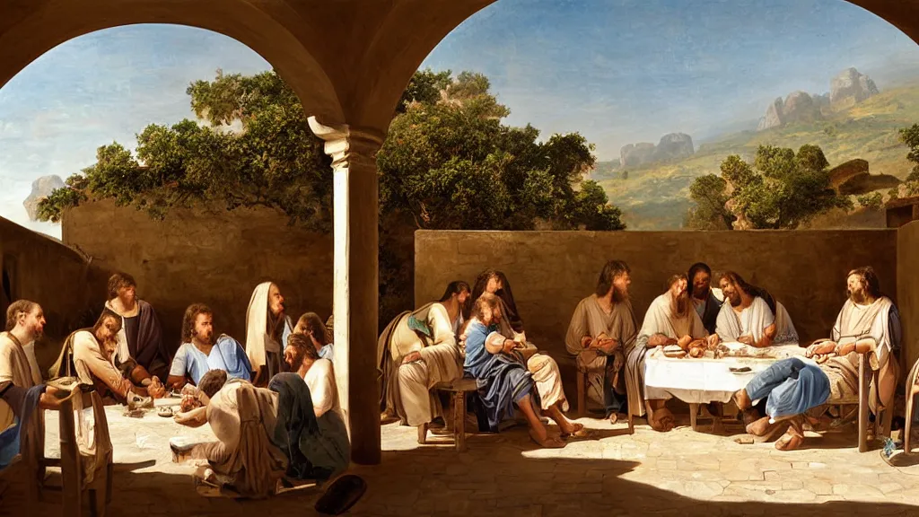 Image similar to tennis players seating in the scene of the last supper, under the porch of a typical portuguese house, with typical alentejo landscape in the back, sunny morning, matte painting, oil canvas, photorealistic illustration, extreme detail, hyper realistic, highly detailed, digital art