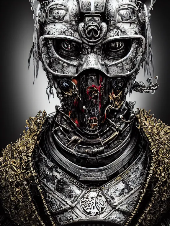 Image similar to portrait art of 8k ultra realistic undead samurai,intricate black mask, detailed intricate ornate armour,decaying, cybernetic, full of colour, cinematic lighting, battered, trending on artstation, 4k, hyperrealistic, focused, extreme details,unreal engine 5, cinematic, masterpiece, art by ayami kojima, giger