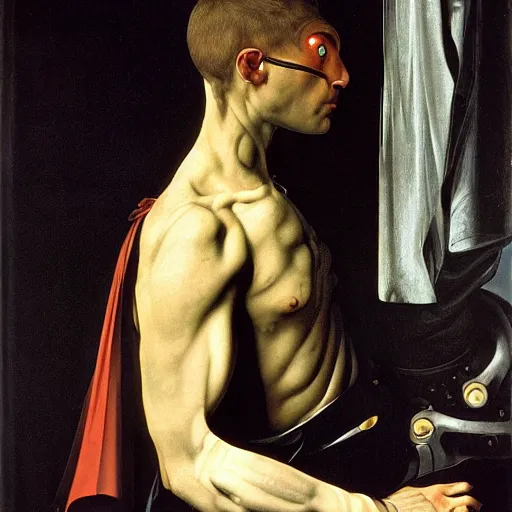 Image similar to a portrait of cyborg king connected to a man-machine interface by Caravaggio, renaissance style