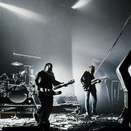 Image similar to dusty Trent Reznor smashing guitars, group of people on stage playing instruments, elaborate stage effects, dust, smoke, giant LED screens, colored projections, ultrafine detail, goth cybersuit, glowing thin wires, smoke, high contrast, projections, a screenshot by David Gilmour Blythe, holography, tesseract, volumetric lighting, anamorphic lens flare