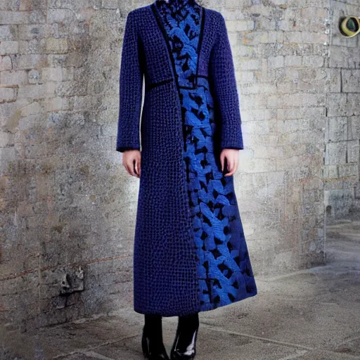 Image similar to fashion 2 0 5 0 fantastic openwork long coat with intricate pattern on a beautiful symmetrical girl with blue hair, hyper realistic photos