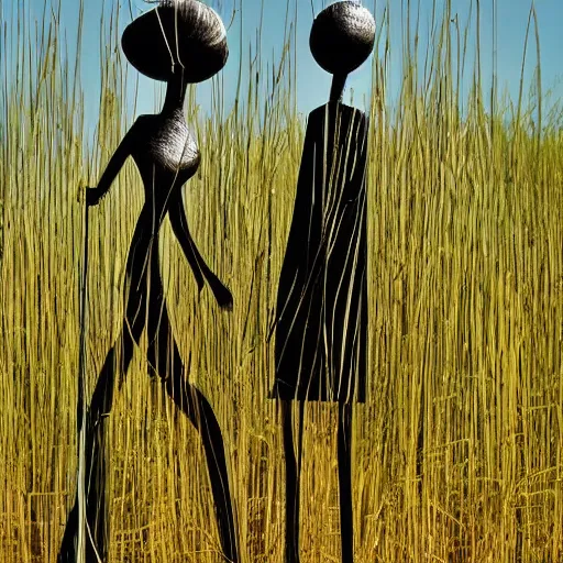 Prompt: ominous by walt kelly shikki. a beautiful kinetic sculpture of a man & a woman in a field of tall grass with the sun setting behind them