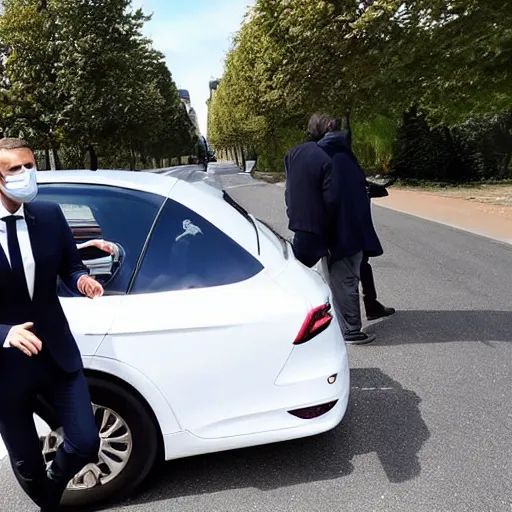 Prompt: « Emmanuel Macron as a Uber driver driving a car »