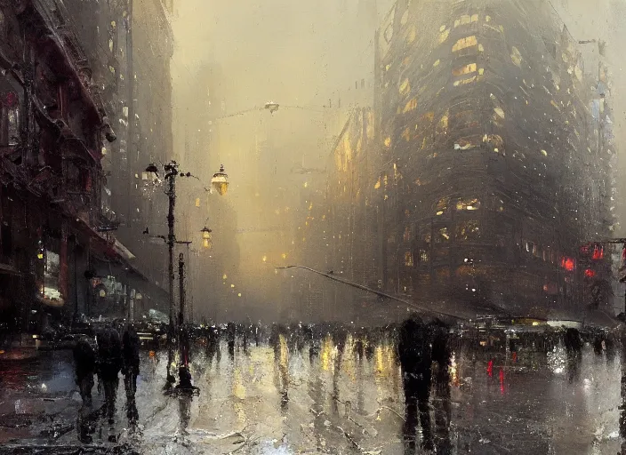 Image similar to painting of a cityscape in winter by jeremy mann, street - level, dripping oil paint, thick brushstrokes, high resolution