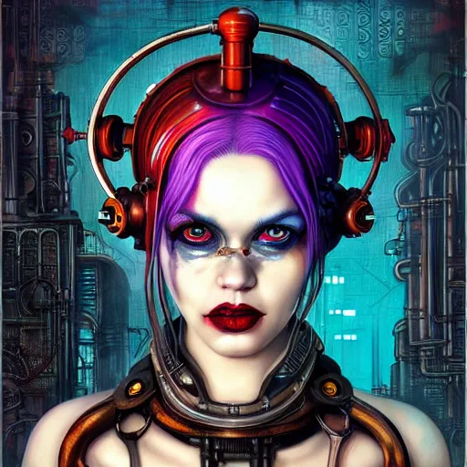 Image similar to lofi giger biopunk steampunk portrait of harley quinn, Pixar style, by Tristan Eaton Stanley Artgerm and Tom Bagshaw.