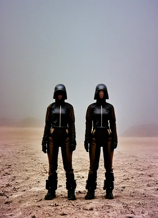 Image similar to cinestill 5 0 d photographic portrait of two loving clones, techwear women on a desolate plain, a brutalist dark metal facility in the background, sandstorm, depth of field, 4 k, 8 k, hd, full color