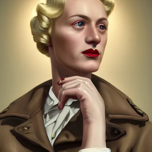 Image similar to A Hearts of Iron IV portrait of a blonde German actress with high cheekbones. Dressed in 1940s style. Highly detailed, fine Art, high detail, great lighting, 8k resolution, masterpiece, concept art, illustration, clear eyes, painting oil on canvas, octane render, HDR, trending on artstation, 4k, 8k, HD