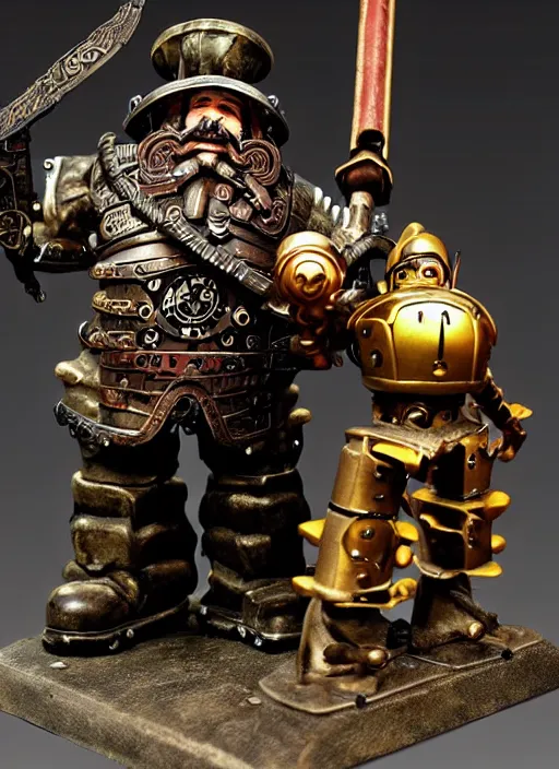 Image similar to an old dwarf musketeer and his large clockwork robot companion, golem, steampunk, ming dynasty, chinese fantasy, reasonable fantasy, realistic, detailed, tabletop rpg, ghostblade, wlop.