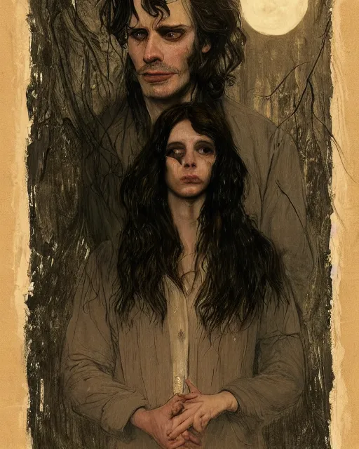 Prompt: two handsome but creepy people in layers of fear, with haunted eyes and tangled hair, 1 9 7 0 s, seventies, wallpaper, woodland a little blood, moonlight showing injuries, delicate embellishments, painterly, offset printing technique, by coby whitmore, jules bastien - lepage, john howe