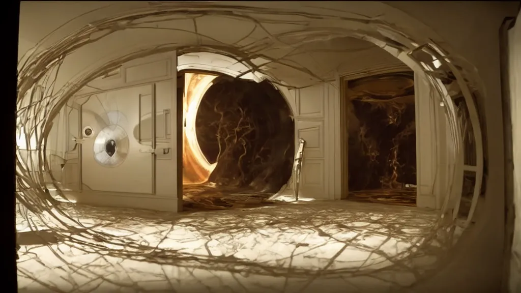 Image similar to an mri image open mri exposed uncovered machine portal in the living room, film still from the movie directed by denis villeneuve with art direction by salvador dali, wide lens