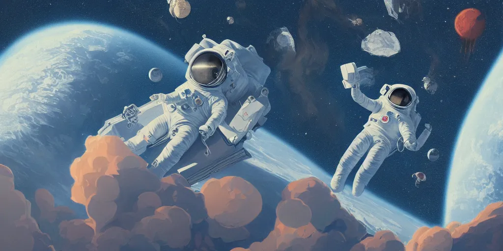 Image similar to a painting of an astronaut floating in space, poster art by mike winkelmann, behance contest winner, space art, sci - fi, poster art, 2 d game art