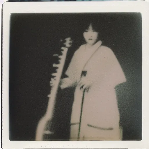 Prompt: 1970s polaroid of a female Japanese folk musician, hazy, faded