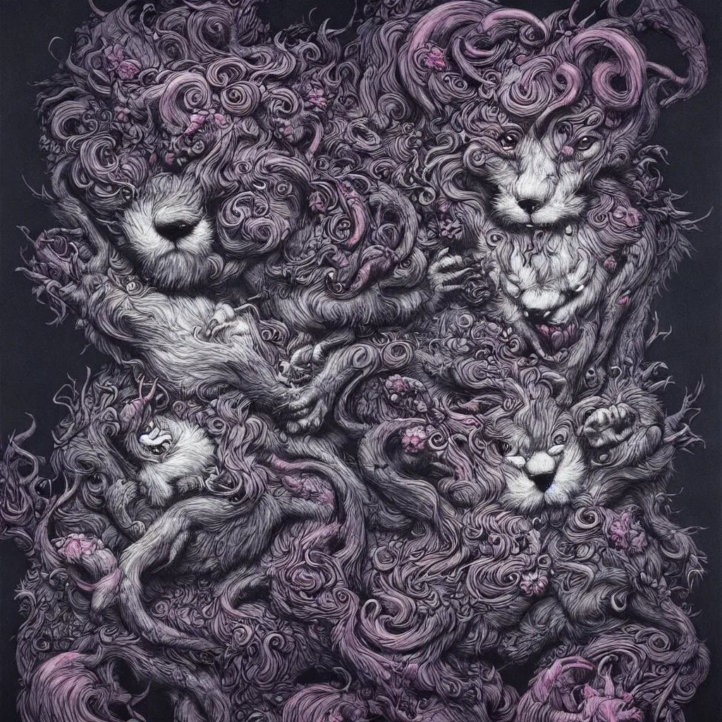 Prompt: monster of fur and black oil by james jean, photoillustration, mystical baroque, pastel synthwave