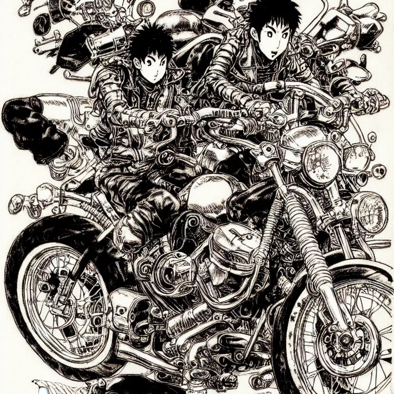 Image similar to motorbiker from hell, manga style of kentaro miura, by norman rockwell, weirdcore