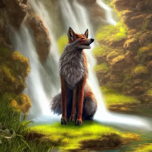 Prompt: fantasy art of a noble werefox standing in front of a waterfall, photorealistic