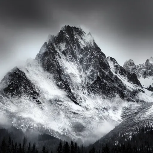 Image similar to a giant monster taller than the surrounding snow capped mountains emerging from the mist, award winning photography