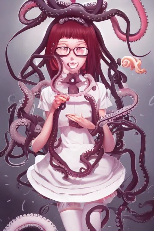 Prompt: a cute android maid girl cooking angry octopus, tentacles all over, character art portrait, anime key visual, official media, illustrated by wlop, extremely detailed, 8 k, trending on artstation, cinematic lighting, beautiful,
